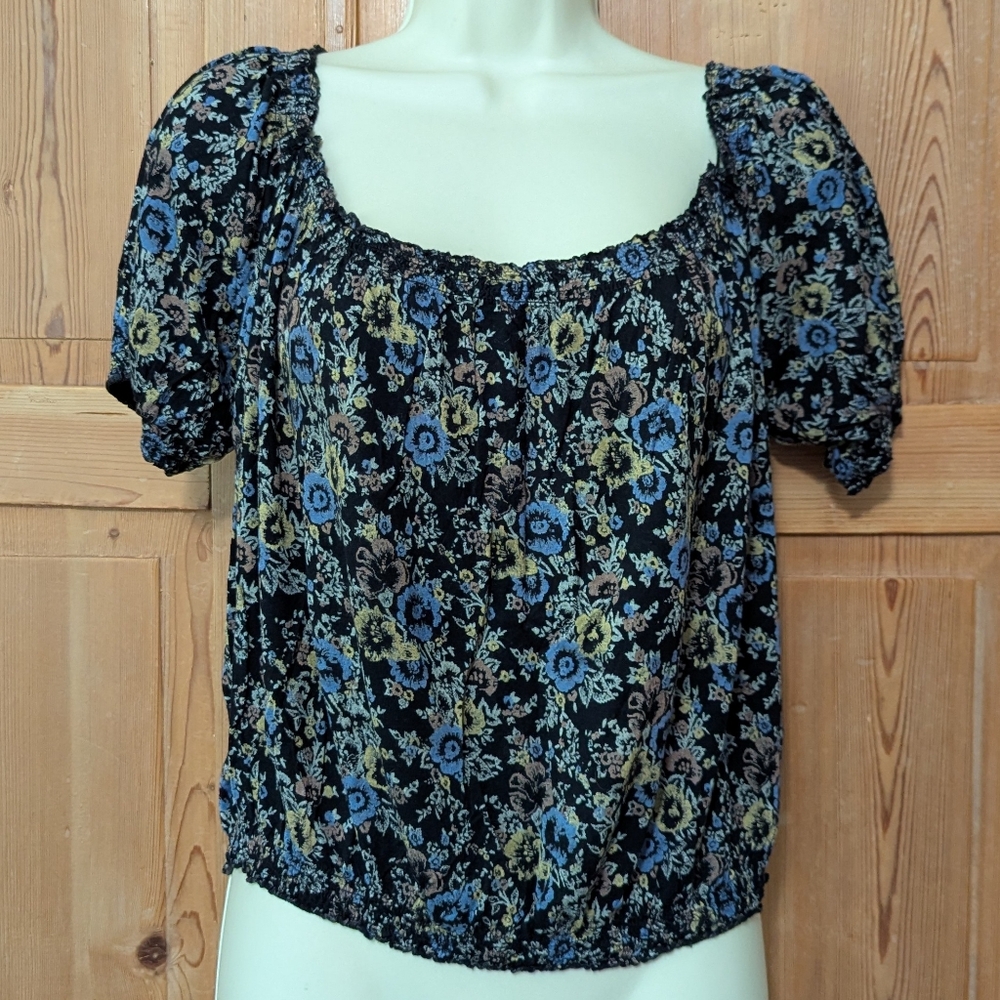 Free People Floral Peasant Blouse Large Off Shoulder Blue Black